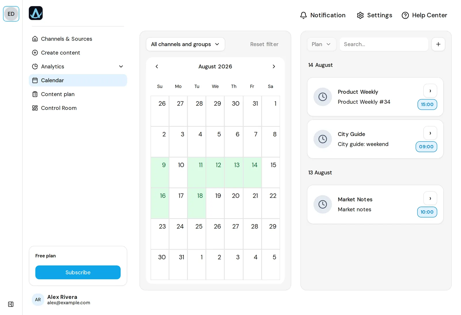 AwrAiter calendar with scheduled Telegram posts across several channels
