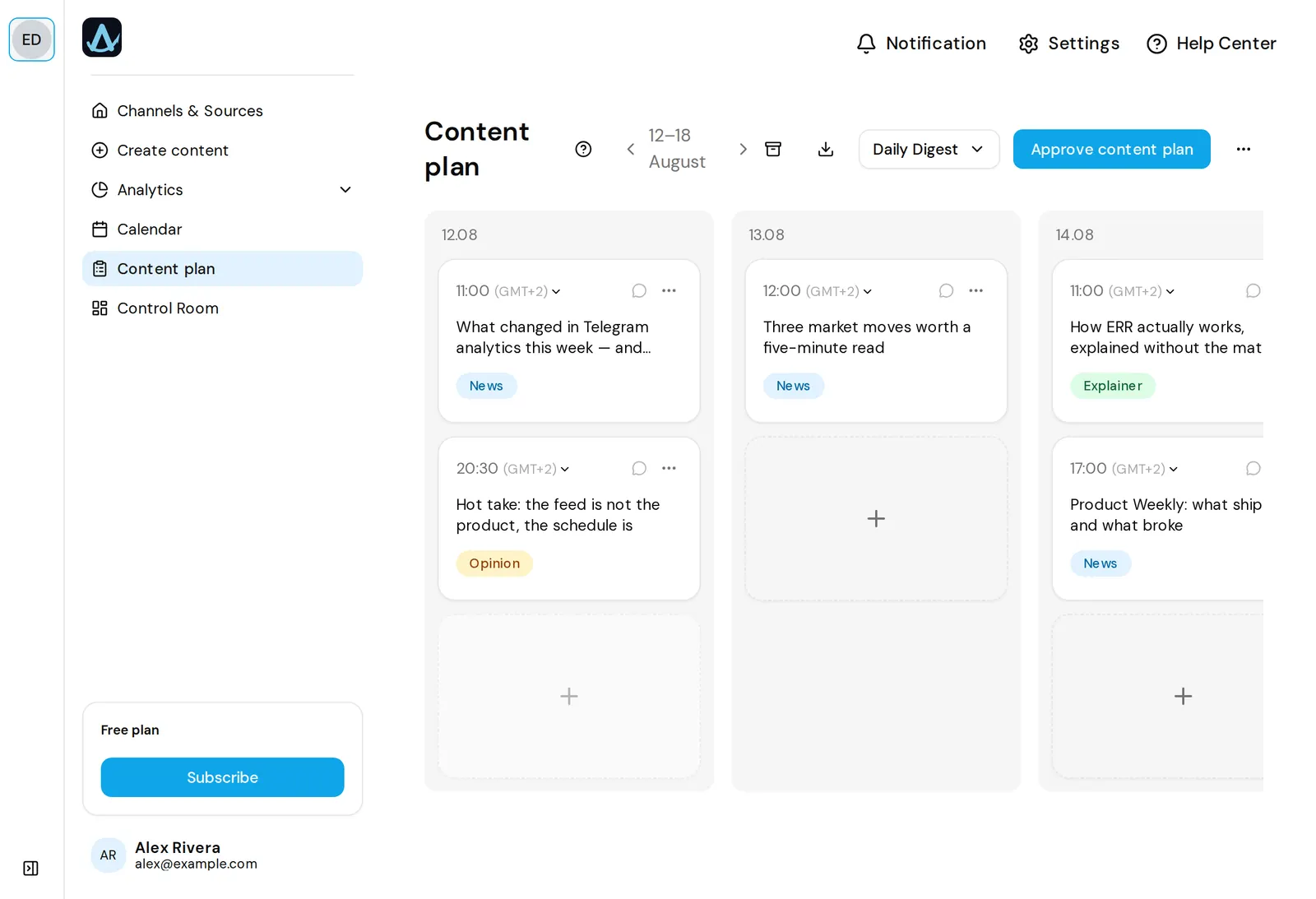 AwrAiter content plan for a Telegram channel: a week of slots with rubrics, times and approval