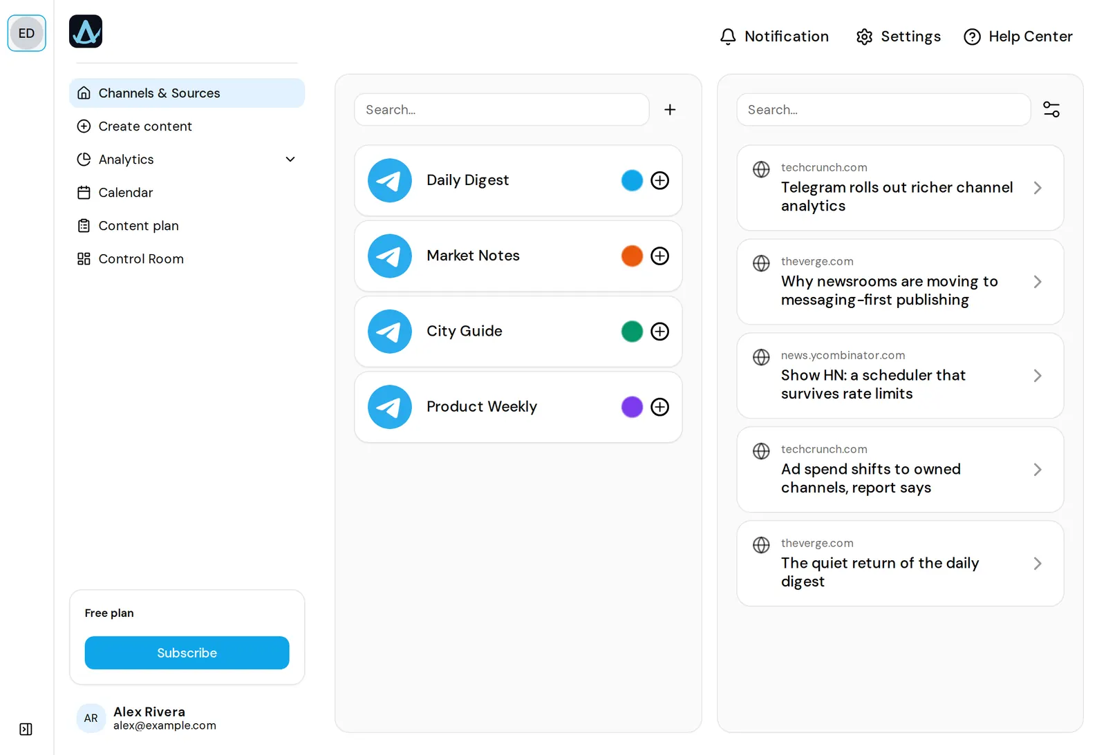 AwrAiter home screen: connected Telegram channels next to a feed of drafts collected from news sources