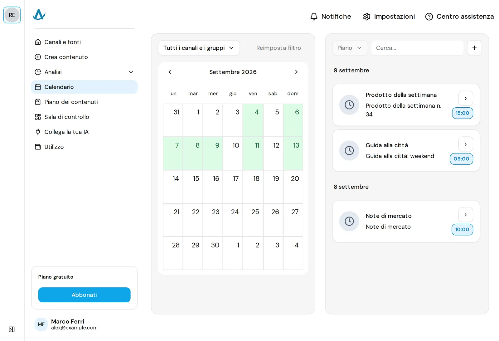 Calendario AwrAiter con post Telegram programmati su più canali