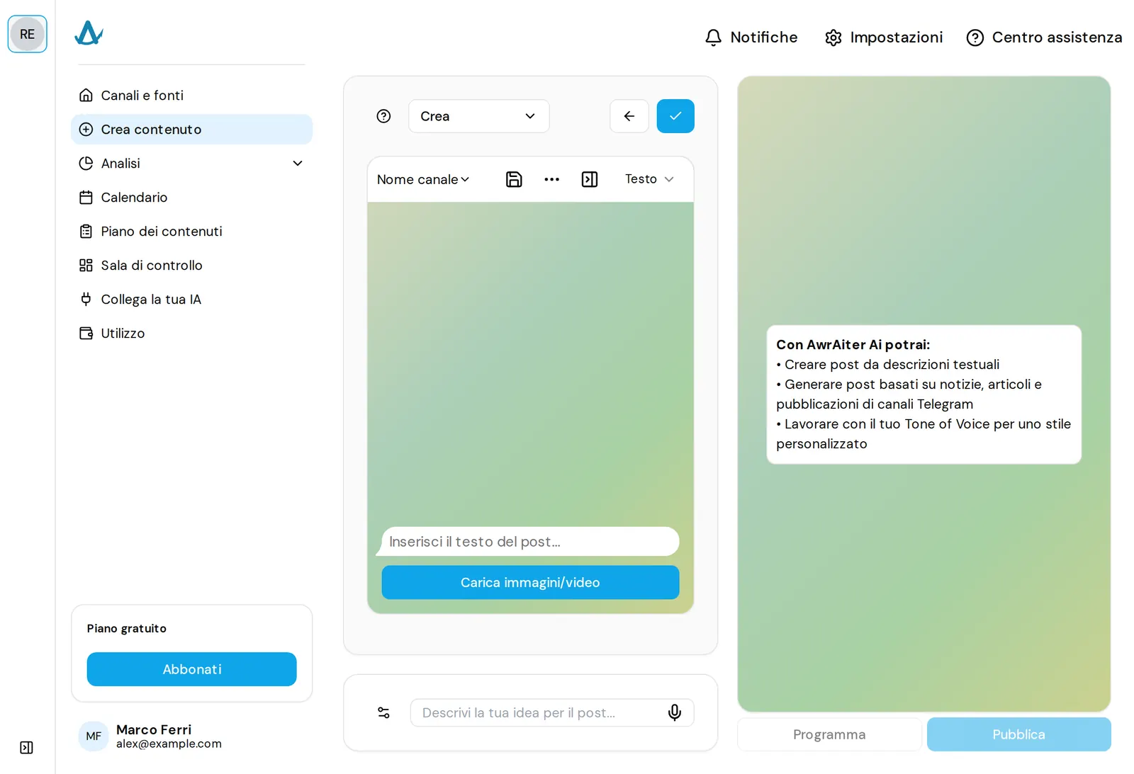 Un post creato da un assistente tramite il connettore MCP di AwrAiter, nell'editor del pannello