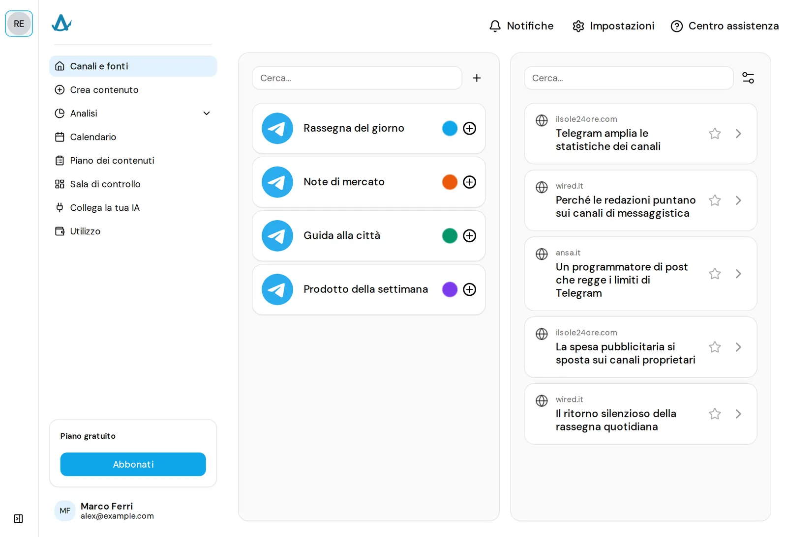 Schermata «Canali e fonti» di AwrAiter: canali Telegram collegati accanto a un feed di bozze raccolte dalle fonti di notizie