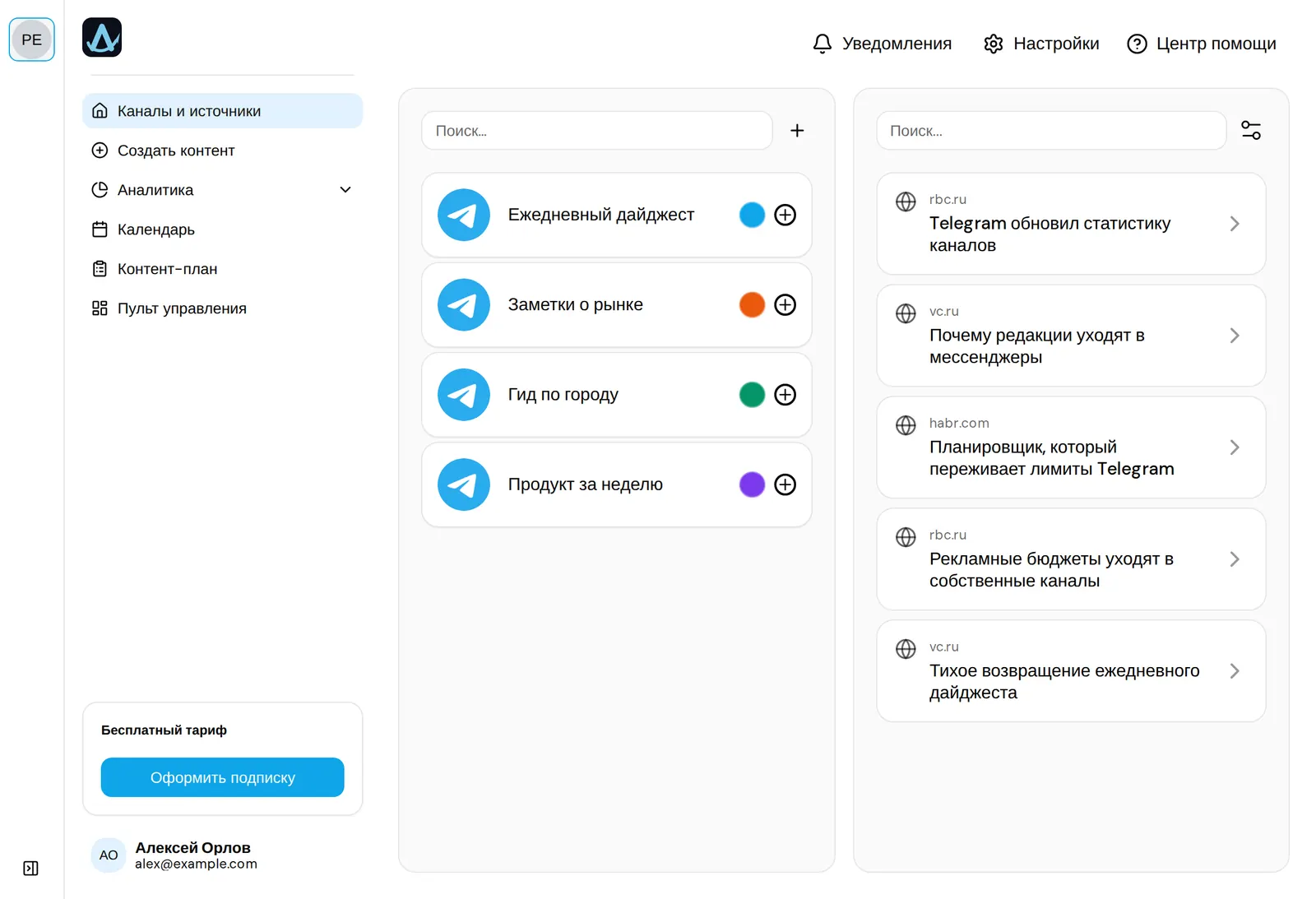 Панель AwrAiter: подключённые Telegram-каналы слева, лента источников справа.